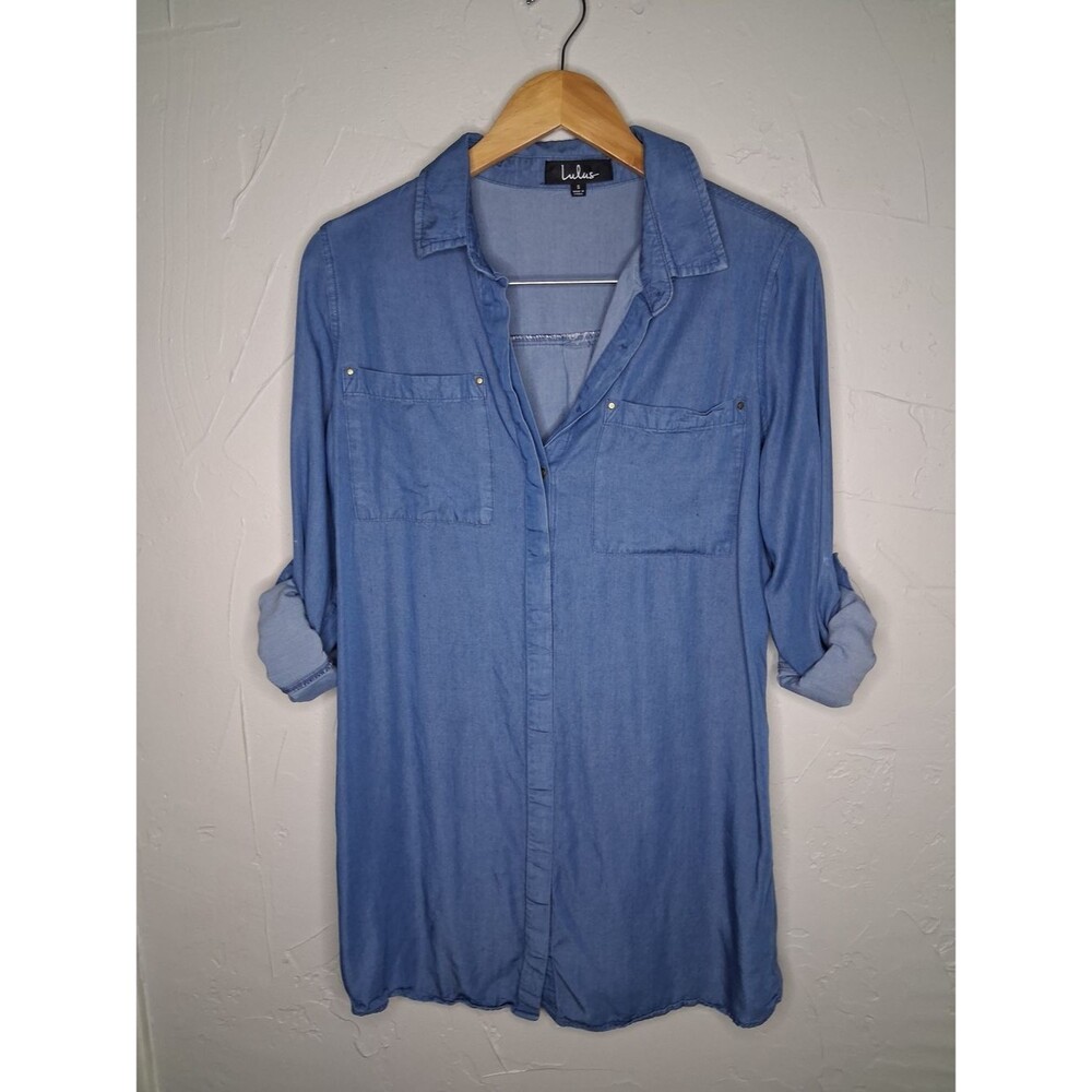 Lulus Chambray Button Front Shirt Dress Tunic Small Blue Roll Tab Sleeve Casual - Picture 2 of 10